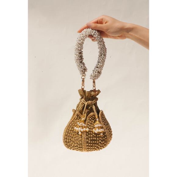 ramla Handbags - RAMLA Leyla Bag Gold Pearl Handle